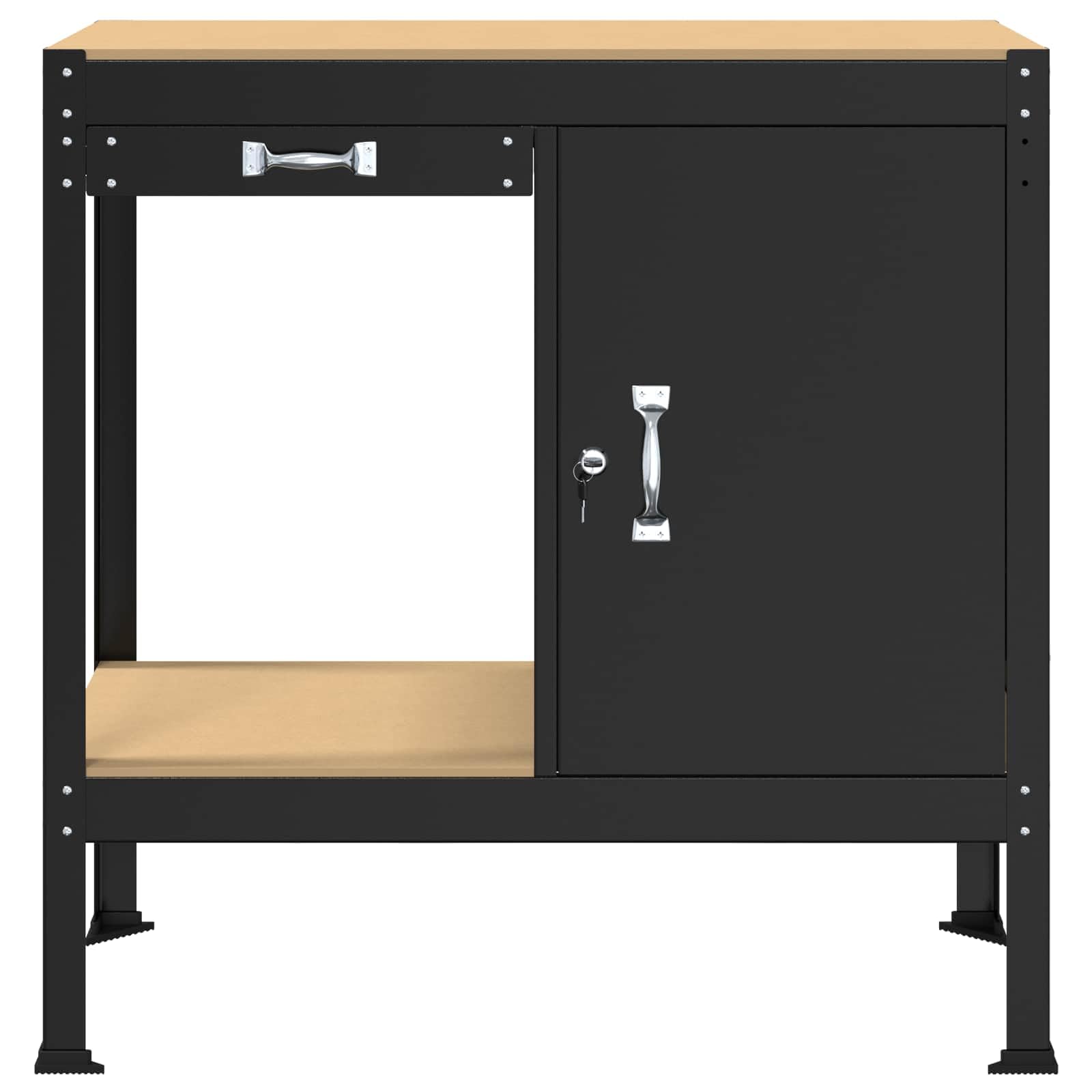 Banco da lavoro con ripiano nero in compensato e metallo, 90 x 49 x 91 cm, superficie di lavoro stabile con cassetto e parete forata per officina, garage, sala hobby organizzazione