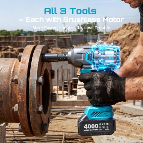 Image of Seesii Impact Wrench Drill Driver,Power Tool Combo Kit For Car Home DIY | 1000N.m Impact Gun,1 /4 inch 180N.m Impact Driver and 3 /8 inch 50N.m Cordless Drill,2 * 4.0Ah Bartteris,Brushless,Fast Charger