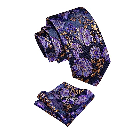 Image of YourTies Silk Paisley Floral Tie and Pocket Square Cufflinks with Lapel Pin Sets for Men 5PC Wedding Party