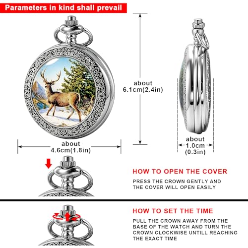 Image of Deer Pocket Watch for Men Pocket Watches with Chain Gift for Father's Day | Vintage Deer Case Pocket Watch Mens Quartz Watches with Chains Christmas Graduation Birthday Gifts Fathers Day