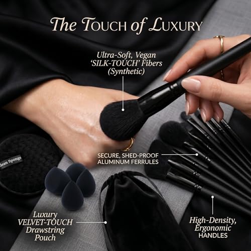 Image of 17Pc Makeup Kit Set - Premium 13-Piece Makeup Brush Set with 3 Makeup sponges & 1 Color-Removal Sponge - Soft Synthetic Bristles, Black Design with Velvet Travel Pouch - Complete Professional Beauty Tools (Clean sponge and makeup puffs , color may vary or multicolour) (Black)