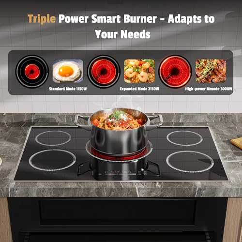 Image of 36 Inch Electric Cooktop, 5 Burner Stove Top with Slide Control | 9200W Electric Stove with Child Lock, Timer, Pause Function 36 inch Glass Cooktop, Sensor Touch, 220-240V Hard Wire, No Plug