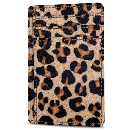 Image of Oak Leathers Leather Slim Minimalist Wallet for Men & Women RFID Front Pocket Leather Card Holder Wallets (Small Leopard)