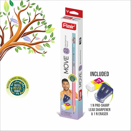 Image of Flair Move 2.0mm Mechanical Pencil Pack of 20 | Extra Dark 2B Lead | Refillable Eco-Friendly Pencils with 2 Sharpeners & 2 Erasers | Smooth Writing & Drawing for School,Office & Artists, Black