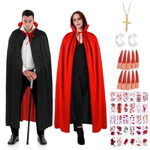 AUYAO Cape Vampire, Vampire Cape Col Montant Reversible, Cape de Costume d'Halloween, Longue Cape Satin Rouge, Demon Cape, Costume Vampire Adultes, Déguisement Adulte Unisexe pour Carnaval Halloween
