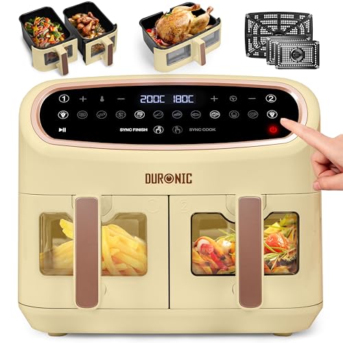 Duronic AF34 SG XXL Triple Drawer Air Fryer 10L Digital Family Size Air Fryers 10in1 Dual Zone Extra Large Oil Free Cooker for Family Cooking with Dishwasher Safe Non-Stick Baskets Sandstone & Gold