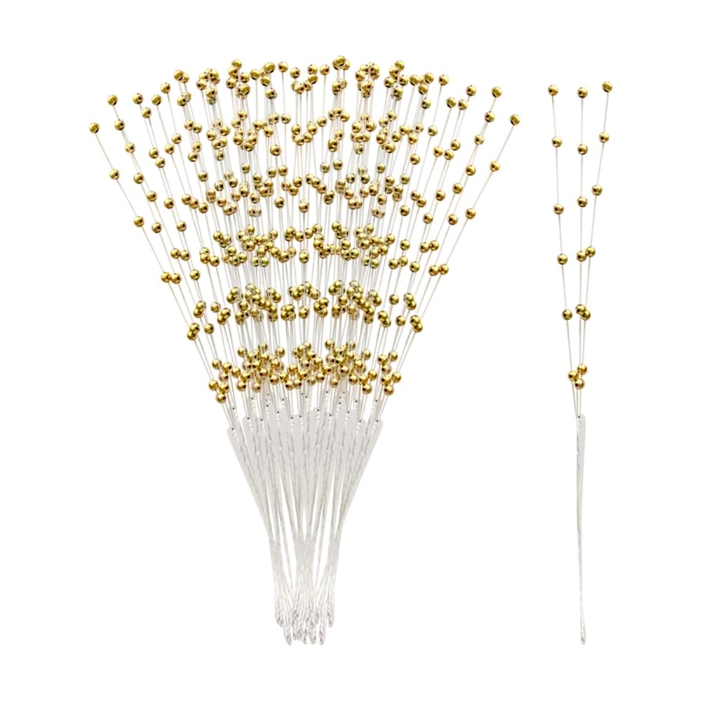 FSSTUD 50 Pcs 21 cm Pearl Flower Stems Beaded Pearl Sticks Bead Floral Bouquets Wedding Floral Arrangements Picks Plastic Flower Spray Picks for Christmas Decoration Golden