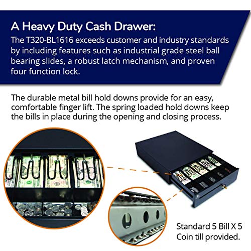 Apg Heavy-Duty 16" Point Of Sale Cash Drawer | Series 100 T320-Bl1616 | Multipro 320 Interface | Printer Driven | Plastic Till With 5 Bill/ 5 Coin Compartments | Black With Painted Front #TOP3