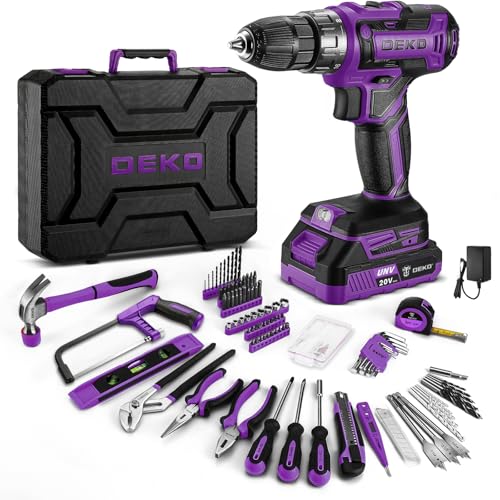 Drill Tool Kit Set: 20V Cordless Power Drill Tool Box with Battery Electric Drill Driver for Men Home Hand Repair Basic Toolbox Tools Sets Drills Case Purple