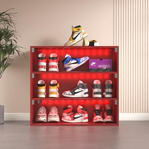 PMHMER Shoe Storage Box, basketball Wooden Shoe Box for sneakers Collection with Flip Glass Door RGB LED Light Strip, USB Powered for Shoe Organizer Storage Box, stackable design (Red, 3-Tier)