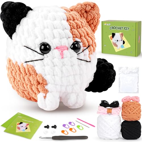 Cat Crochet Kit for Beginners-Calico Cat Crochet Kits for Adults Kids Crochet Starter Kit with Step-by-Step Video Tutorials Crochet Animal Kits Learn to Crochet Kits for Adults Kids