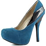 Qupid Women's Patent Stripe Tone Platform Round Toe Stilettos Suede High Heel Shoes, Teal, 7