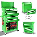 Clickoods 8-Drawer Rolling Tool Chest with Detachable Top Tool Box, Lockable Metal Tool Cabinet, and Liner, Heavy-Duty Storage Organizer with Wheels and 6 Hooks for Garage, Workshop, Green