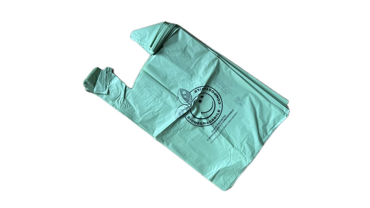 200 Buste Grandi e Resistenti con Manici 40x70 cm (profondità 24 cm) Shopper Biodegradabili Compostabili anche per raccolta umido (38 grammi CADAUNA) (VERDI)