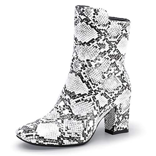 Best Boots to Wear with Mom Jeans: Style Guide 11 IDIFU Women's Ada Fashion Square Toe Ankle Boots Low Block Heel Short Boots Side Zipper Booties Shoes- Half Size Larger(Snake White, 8.5 M US)