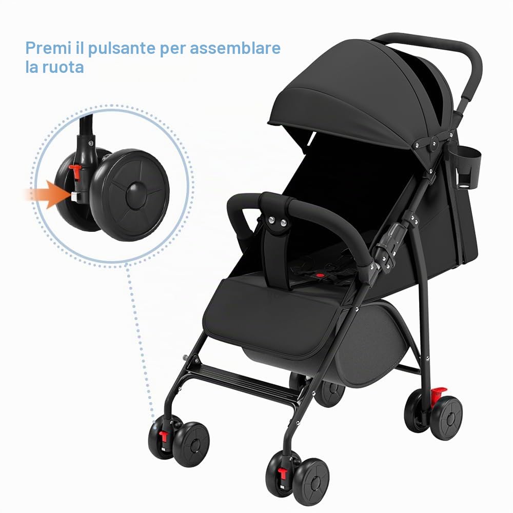 Passeggino pieghevole, da 0 a 4 anni (30 kg massimo), leggero (4,8 kg), regolazione dello schienale fino alla posizione sdraiata, uno spazio di archiviazione in basso, con cotone, porta