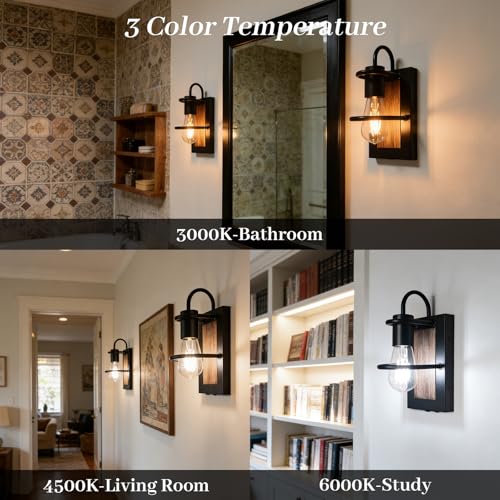 Image of Battery Operated Wall Sconce Set of 2, Wireless Wall Lights with Remote Control, Dimmable 3 Color Temperatures, Rechargeable Wall Sconce with Vintage Faux-Wood Finish for Bedroom Living Room