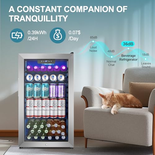 Beverage Refrigerator Cooler, 128 Cans Mini Fridge Glass Door for Drink Beer Soda Wine, 3.2 Cu.Ft Small Fridge for Kitchen Bedroom Office Bar, with 4 Adjustable Removable Shelves, Stainless Steel