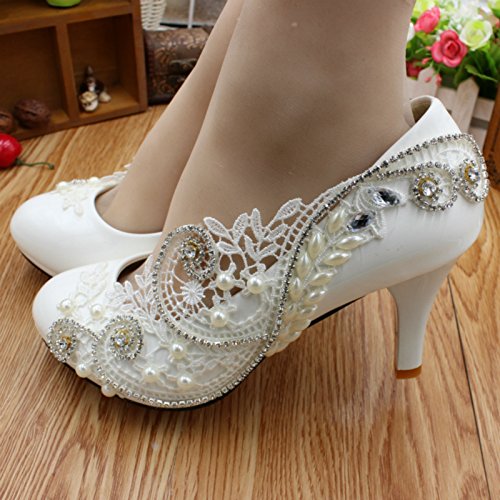 Women's White Wedding Shoes for Bride, Comfortable Prom Lace Bridal Pumps, Flower Bridesmaid Wedding Heels2
