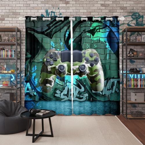 feelingyou Teens Gamepad Fenstervorhang 137x117cm Camouflage Game Console Fashion Vorhänge für Jungen Mädchen Gedrucktes Hip Hop Graffiti Gardine 2er-Set Fenster Vorhänge,Guter Schattierungseffekt