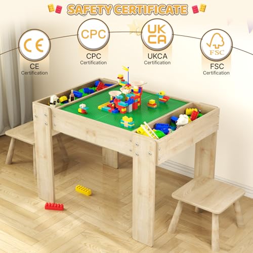 Image of Building Blocks Table with Storage for Kids, Wooden Table Fits Lego Bricks for Toddlers Ages 3+, Kids Activity Play Desk with 2 Chairs, 31.29''X 22.44''X 19.69''