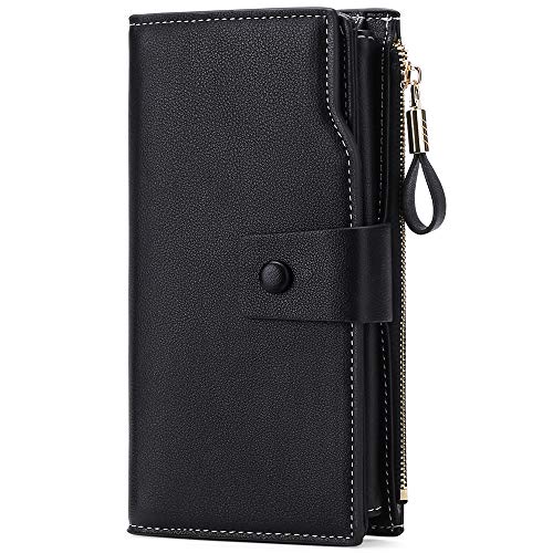 GAEKEAO Damen Geldbörse Leder Große Kapazität RFID blockierende Damengeldbörse mit Mehreren Kartenfächern und Münzfach mit Reißverschlusstasche,Schwarz Cover