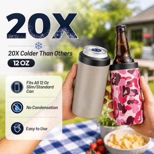 Image of 4-in-1 Slim Can Cooler Easy to Hold Insulated Beer Can Holder Double-walled Stainless Steel for All 12 Oz Cans (Camouflage Pink)