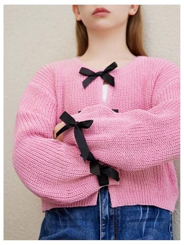 MakeMeChic Girl's Color Block Bow Front Cardigan Drop Shoulder Long Sleeve Knit Sweaters4
