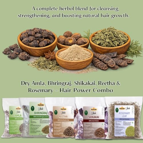 Image of Khadi Utkrisht Dried Amla, Bhringraj, Shikakai, Reetha & Rosemary Combo | Natural Herbal Ingredients for Hair Wash, & DIY Hair Treatments - Pack of 5