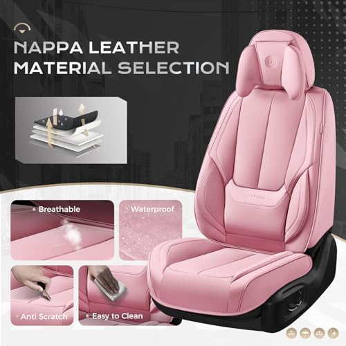 Image of Coverado Seat Covers Full Set, 5 Seats Seat Covers for Cars, Waterproof Nappa Leather Car Seat Covers with Head Pillow, Seat Protectors Car Seat Cushion Universal Fit for Most Cars (Pink)