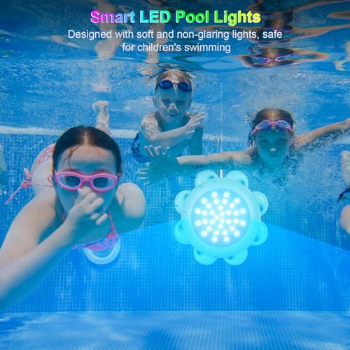 Image of BSGlobal Smart LED Pool Lights with RGB Color Changing, IP68 Waterproof, 10W Submersible Lights with 33ft Cord for Inground /Aboveground Pool, App /Remote Control