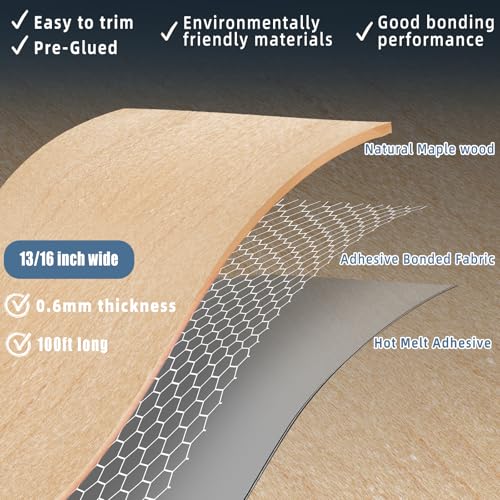 Image of Maple Edge Banding, 13 /16 inch x 100ft roll of Veneer Edge Banding, Pre-glued Flexible Real Wood Tape Banding for Cabinet Repair Furniture Restoration