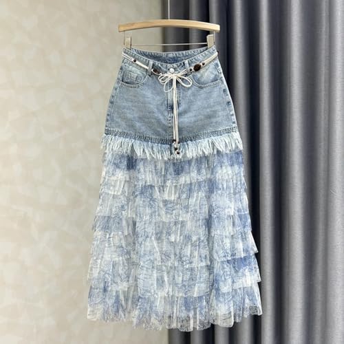 Womens Denim Patchwork Tulle Skirts High Waist A-Line Multi-Layer Elegant Summer Casual Long Skirts2