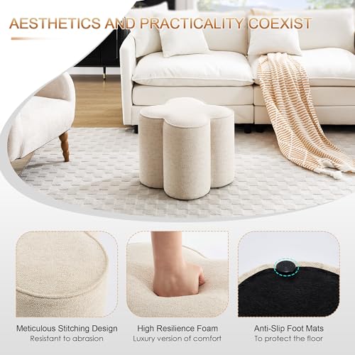 Image of Zesthouse Flower Pouf Ottoman Foot Rest, Linen Fabric Poofy Ottoman Footstool for Couch, Modern Living Room Stool Seat, Cute Square Vanity Stool for Bedroom Dorm, Beige