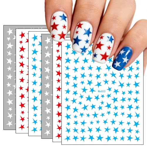 6 Sheets Star Nail Art Stickers Blue Red White Stars Designs 3D Self-Adhesive DIY Manicure Decor 4th of July Nail Stickers Decals Independence Day Star Sticker for Nails Decor Supplies for Women
