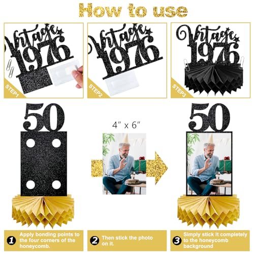 Image of Eucutur 8Pcs 50th Birthday Decorations Honeycomb Centerpieces for Women Men, Black Gold Vintage 1976 50th Bday Photo Table Centerpieces Party Supplies, Glitter Cheers to 50 Year Old Bday Table Topper