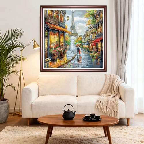 Image of DMCVIVR Stamped Cross Stitch Kits for Beginners Adults Needlepoint Kits for Beginners Embroidery Kits for Adults Crossstitch Kit for Beginners 11CT-Iron Tower Twilight Couple 18x18 inch