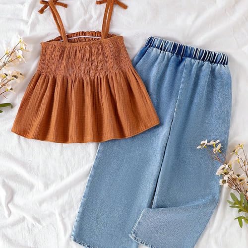 Conjunto de verano para niñas de tirantes con encaje bordado y vaqueros #51 5