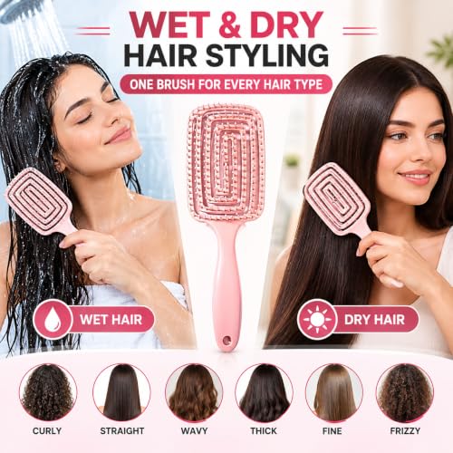 Image of 3D Detangling Hair Brush for Women & Men Pain Free Wet & Dry Hair Comb Brush for Curly, Straight & Frizzy Hair Reduces Breakage & Tangles Premium Scalp Massage Brush Detangler Hair Brush (PINK)