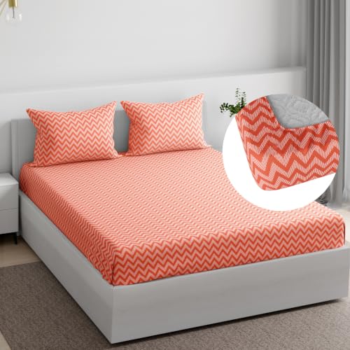 Image of Wakefit 100% Cotton 160 TC Fitted Bedsheet with 2 Pillow Covers | Makena King, 75 inch x 72 inch, Makena | 1.91m x 1.83m