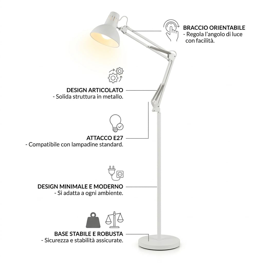 MAKA Lampada da Terra Moderna Piantana per Soggiorno Luce Lettura Orientabile Metallo Presa E27 Lampada da Ufficio Design Minimalista Illuminazione Interni Base Stabile 28x28x115cm 5kg (Bianco)