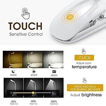 Table Lamp, Clip on Table Light with 15 Led Beads, Eye-Care Adjustable Brightness (Warm and Cool White), Stepless Dimming, USB Rechargeable Bedside Reading Light, Perfect for Bookworms & Kids, Gifts