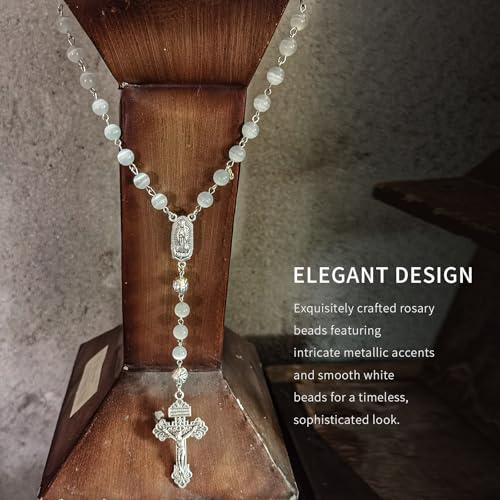 rosary beads catholic for women and men, 8mm White Cat's Eye rosary beads with Ornate Silver Crucifix and Virgin Mary Medal2