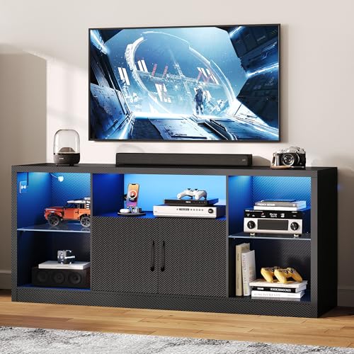 For Tvs 65 Inch With Power Outlet And Led Lights, Carbon Fiber Entertainment Center With Storage Cabinets, Adjustable Glass Shelves, Modern Tv Stands For Living Room, Black