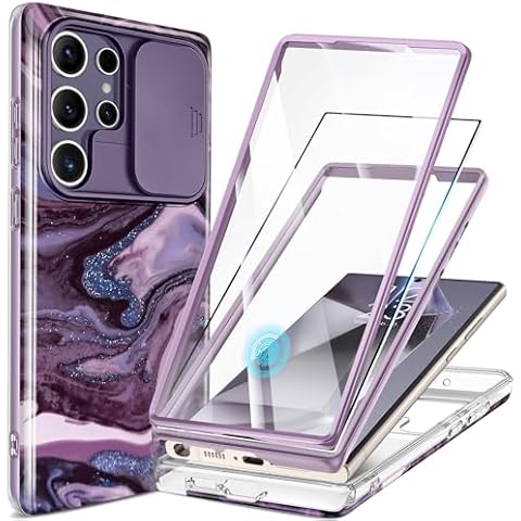 GVIEWIN for Samsung Galaxy S24 Ultra Case, [Slide Camera Cover & Built-in Screen Protector] [2 Front Frame] Military Grade Shockproof Marble Phone Case Cover 6.8" (Quicksand/Purple) Cover