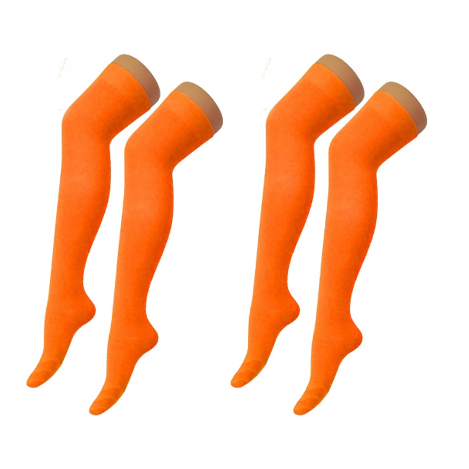 The Fancy Dress® 2 Pair Women Referee Stripe and Plain Over The Knee Socks Thigh High Ladies Stretchy OTK Sport Socks for Daily Wear, Cosplay (Orange)