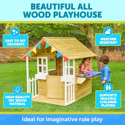 Image of TP Toys Outdoor Kids Kitchen Playset Wooden Playhouse for Kids - Toddler Pretend Play Kitchen, Accessories, Sturdy, Weatherproof, Door, Windows, Sink, Wood Burner Stencils, Easy Assembly, Ages 3+