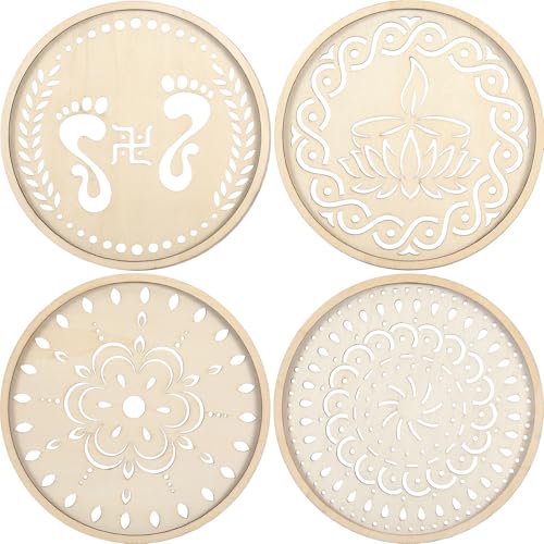 BrightRow 4 Pcs Diwali Rangoli Circular Stencils Wooden DIY Making Kit for Art Reusable Round Rangoli Stencils for Floor Indian Decor for Diwali Onam Varalakshmi Pooja Festival Floor Painting