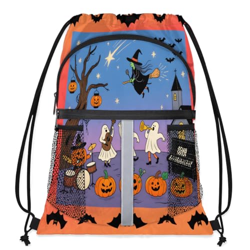 Funny Halloween Drawstring Backpack with Water Bottle Pocket Lightweight String Bag Space Bat Ghost Sports Gym Swim Sackpack for Men Women