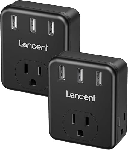 Miniatura 8 de LENCENT Extensor de toma de corriente múltiple, paquete de 2, divisor de 3 salidas con 3 puertos USB, cargador de pared, enchufe de 3 clavijas,